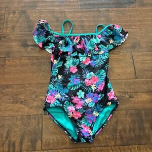So Girls 7/8 Swimsuit One Piece Black Floral Hawaiian Black Pink Green